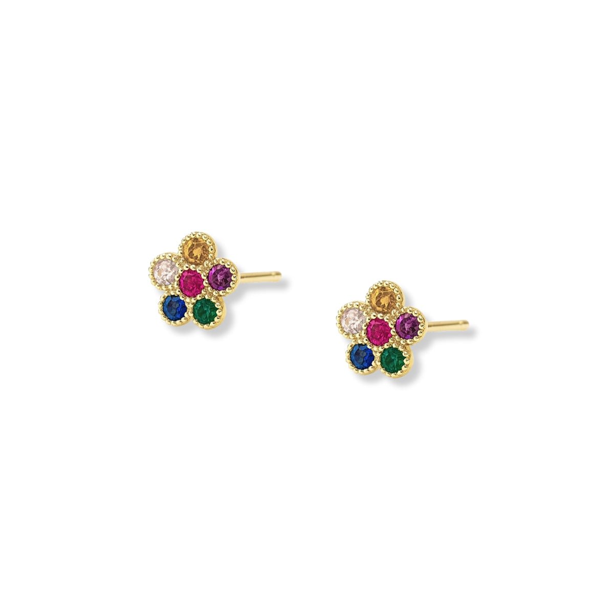 arete roseta florecita rainbow de lado elaborado en oro laminado de AMBAR Joyería