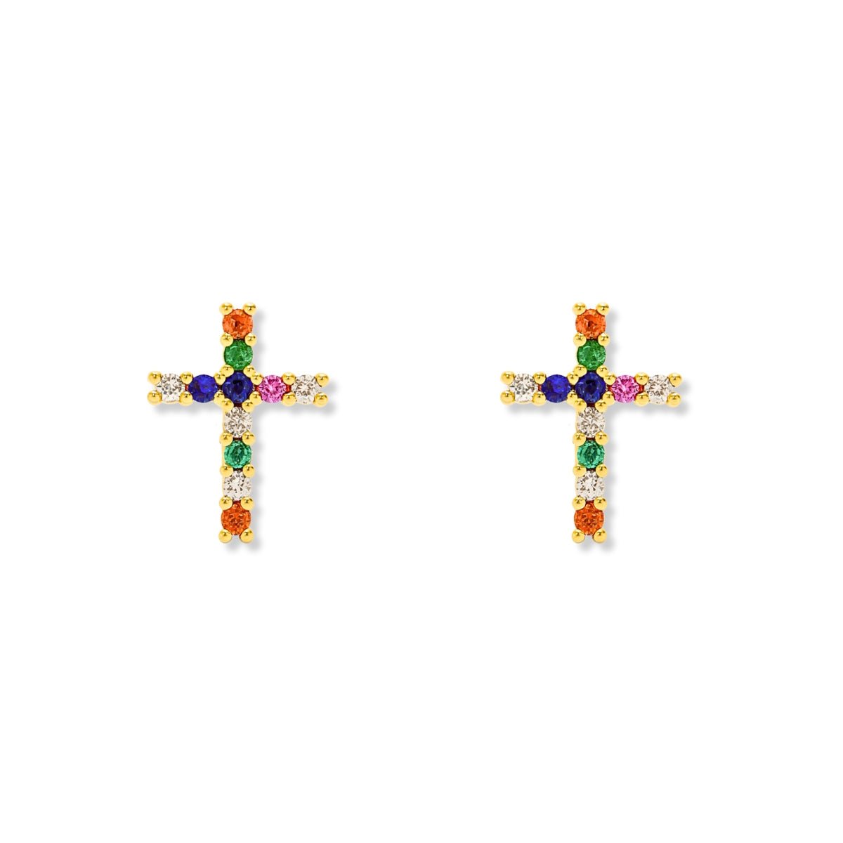 aretes cruz colorido de cristales elaborados en oro laminado de AMBAR joyería