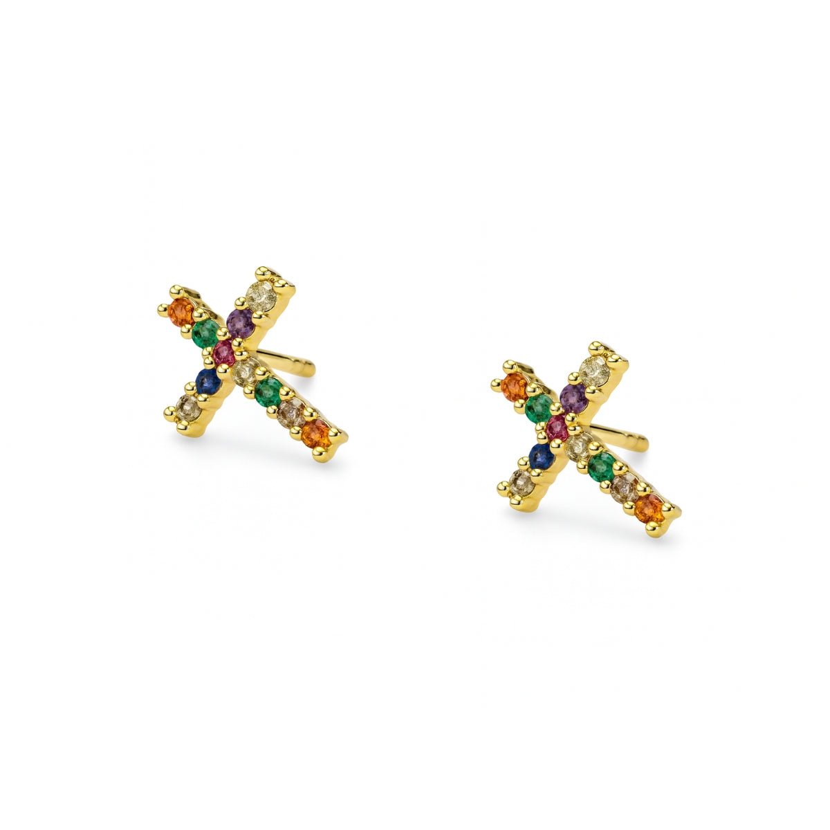aretes cruz colorido con cristales de perfil elaborados en oro laminado de AMBAR joyería