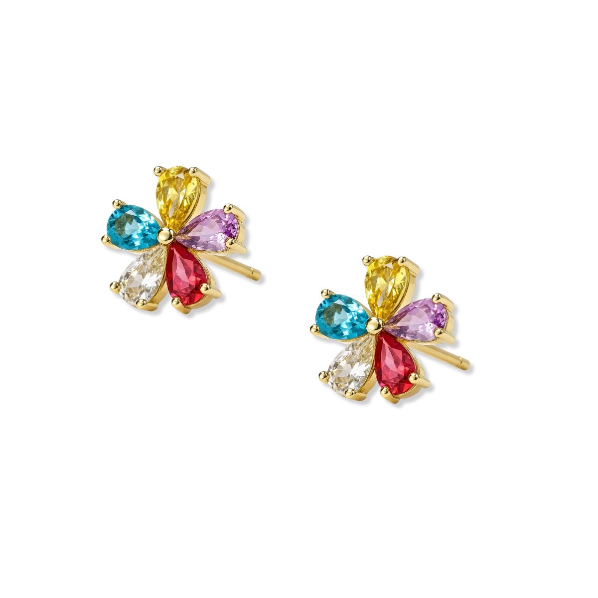 Aretes flor arco iris tamaño 1.1 cm de perfil con circones de colores de AMBAR joyería