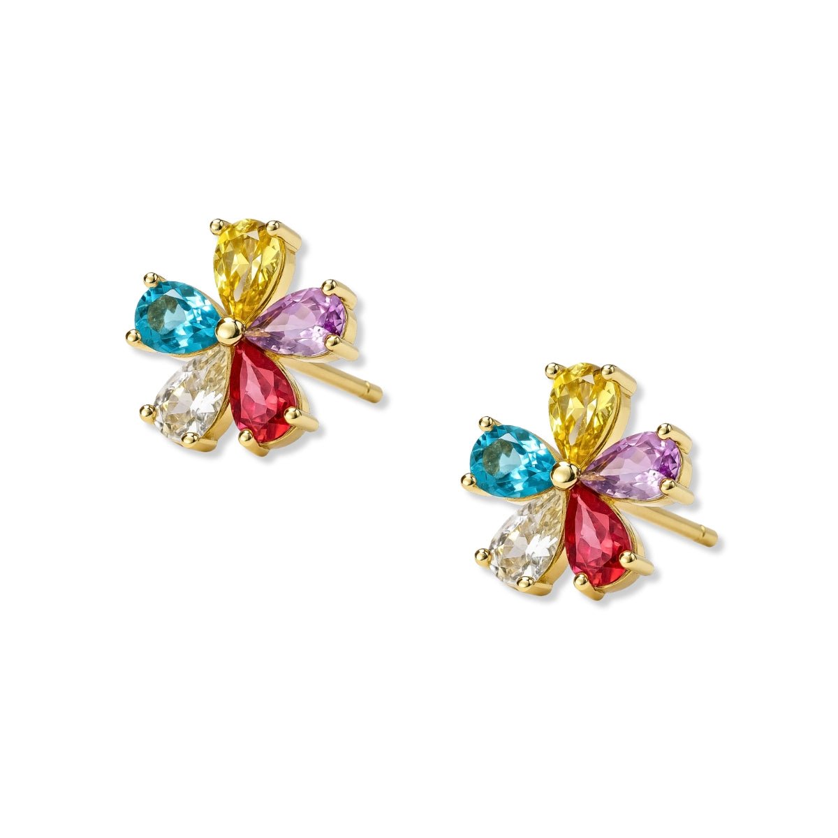 Aretes flor arco iris tamaño 1.4 cm de perfil con circones de colores de AMBAR joyería