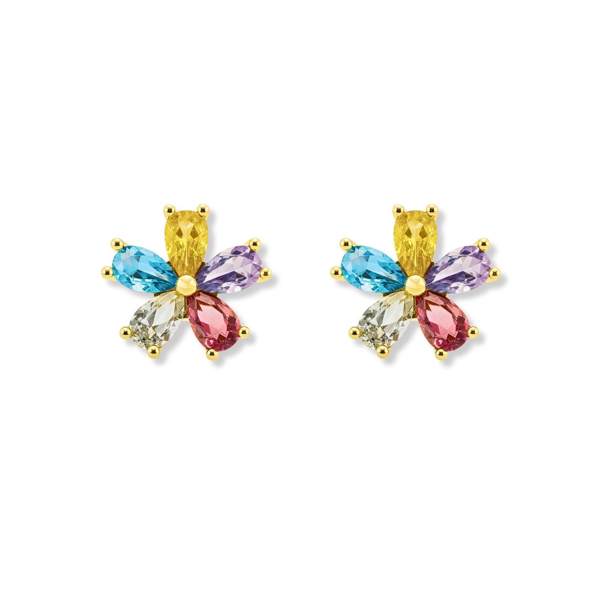 Aretes flor arco iris tamaño 1.1 cm con circones de colores de AMBAR joyería