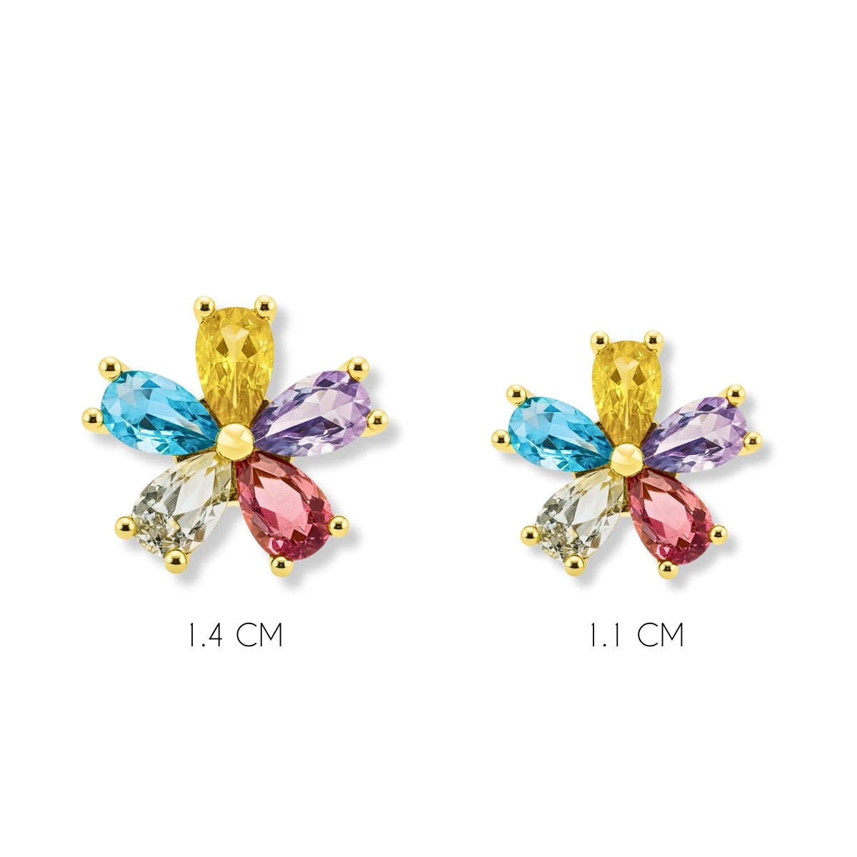 Aretes flor arco iris tamaño 1.4 cm y 1.1 cm con circones de colores de AMBAR joyería