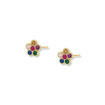 aretes de oro laminado modelo roseta florecita rainbow de lado de AMBAR Joyería