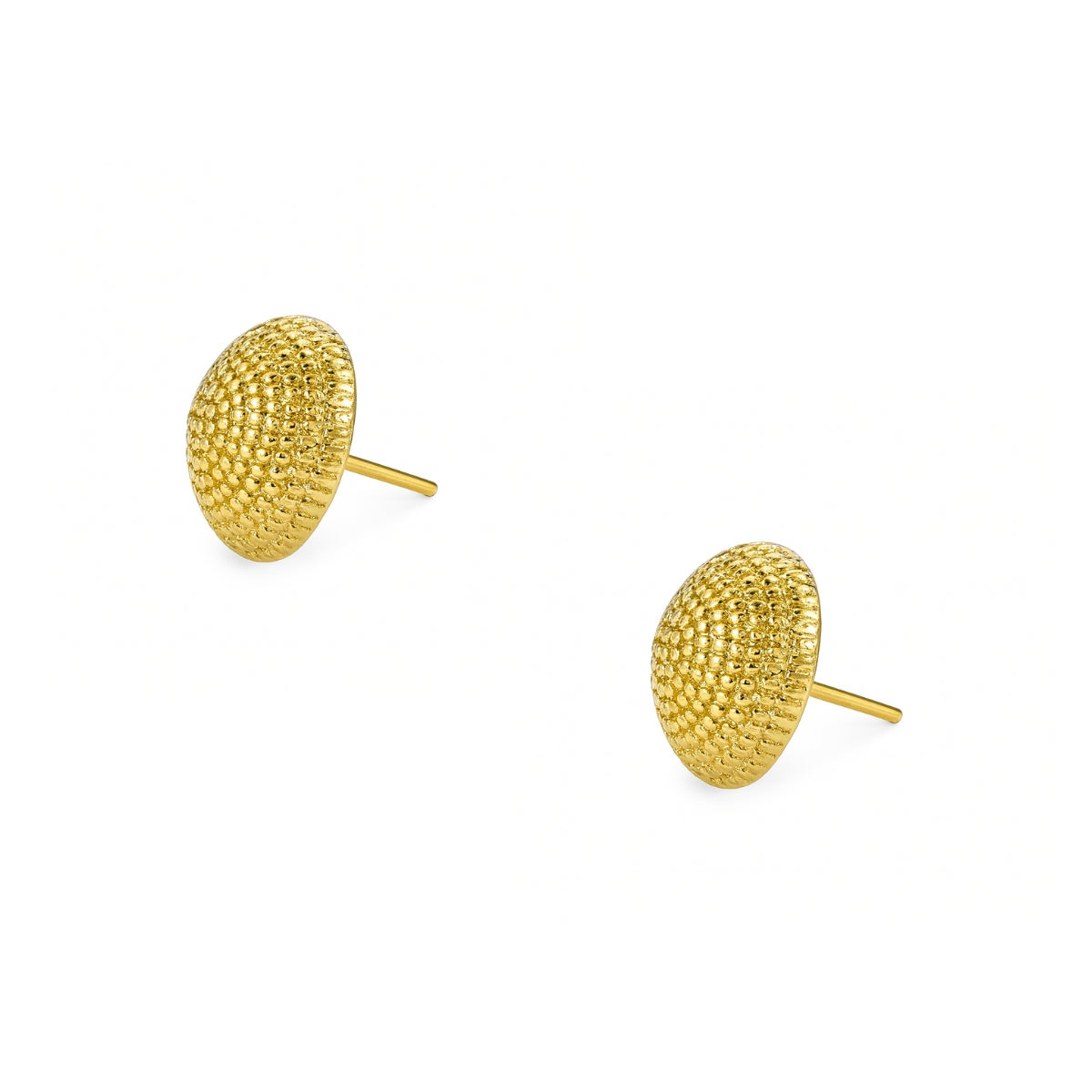 Aretes rossi en forma de lenteja de lado con textura de espiral elaborado en oro laminado de AMBAR joyería
