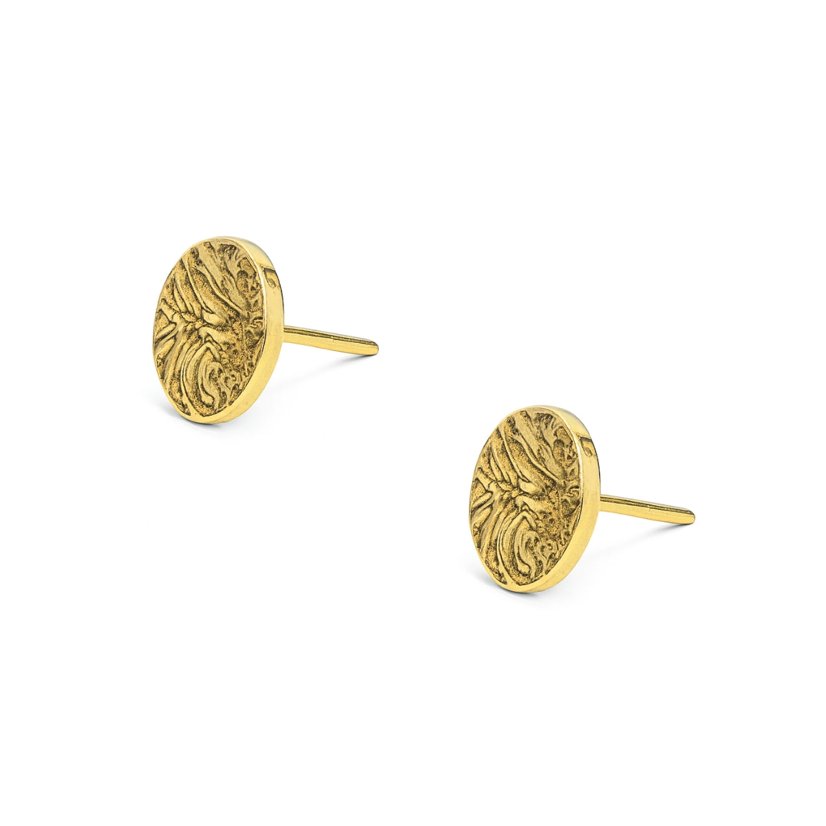 Aretes Mely en forma de platillo con textura de perfil elaborado en Oro laminado de AMBAR joyería