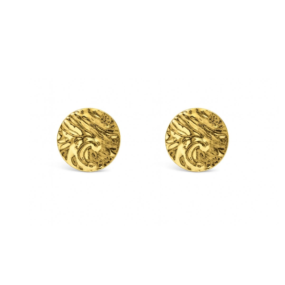 Aretes Mely en forma de platillo con textura elaborado en Oro laminado de AMBAR joyería