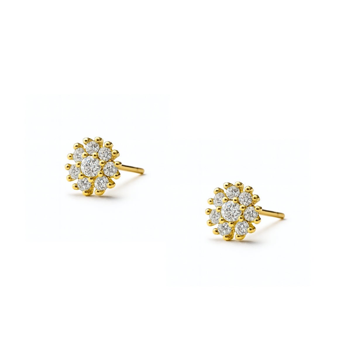 aretes roseta emy de 0.4 cm con cristales de perfil elaborado en oro laminado de AMBAR joyería