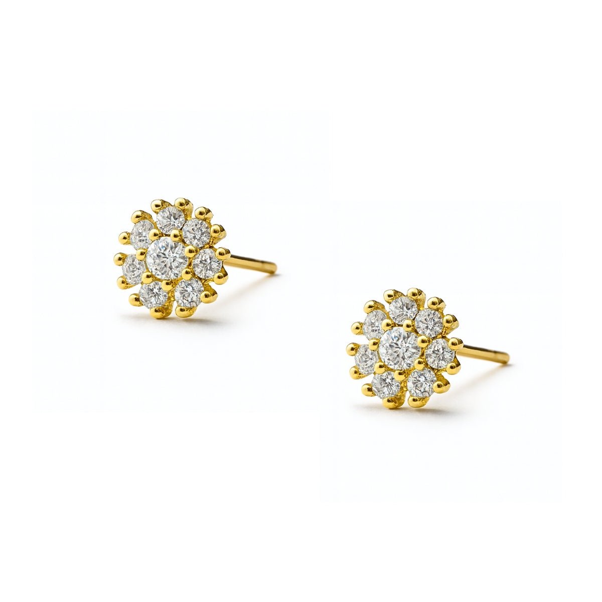 aretes roseta emy de 0.6 cm con cristales de perfil elaborado en oro laminado de AMBAR joyería