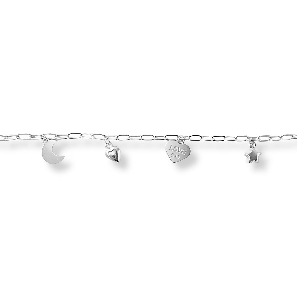 pulsera divertida con dijes de corazon al detalle diseño moderno elaborado en plata 925 de AMBAR joyería