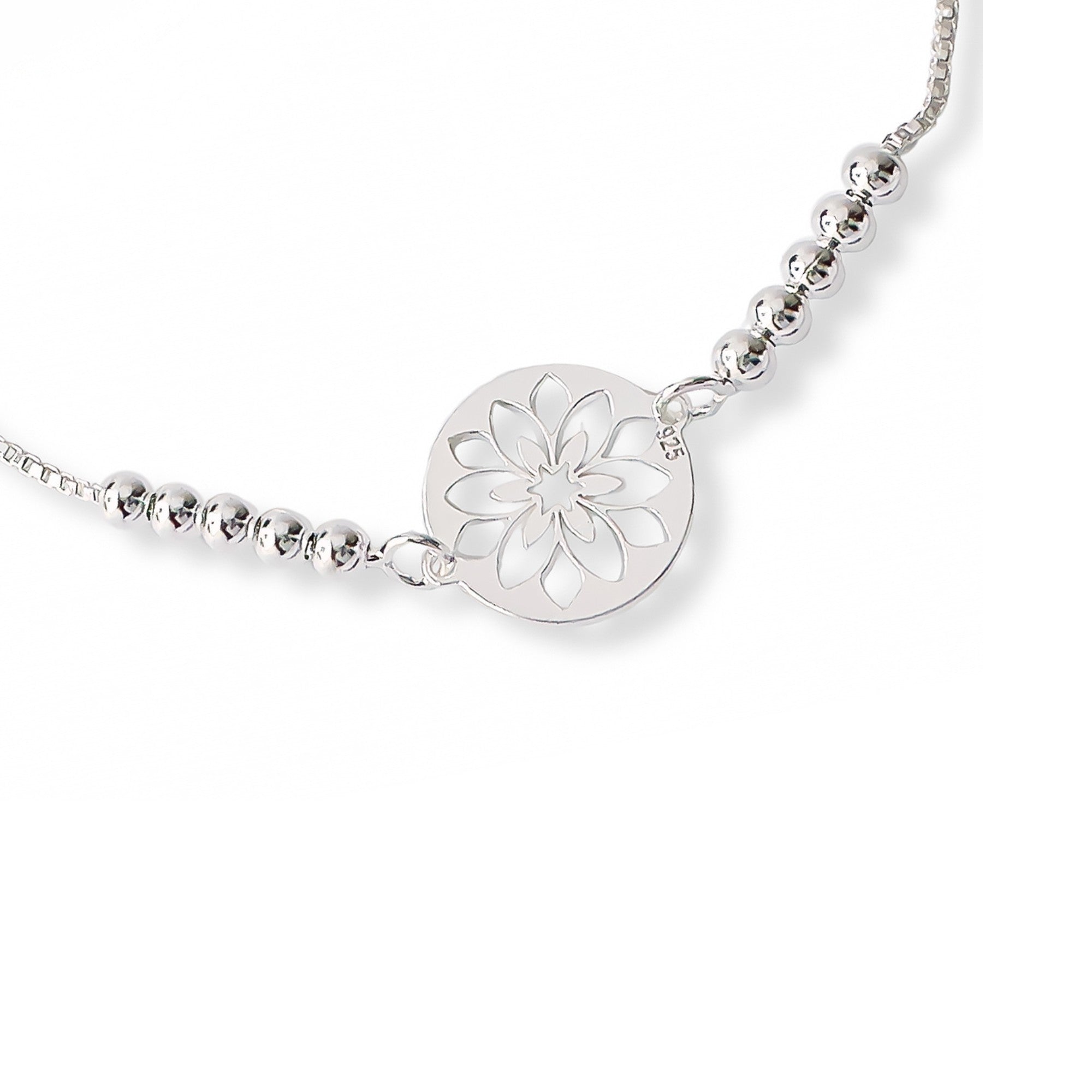 pulsera flor calada al detalle con sistema regulable elaborada en plata 925 de AMBAR Joyería Fina