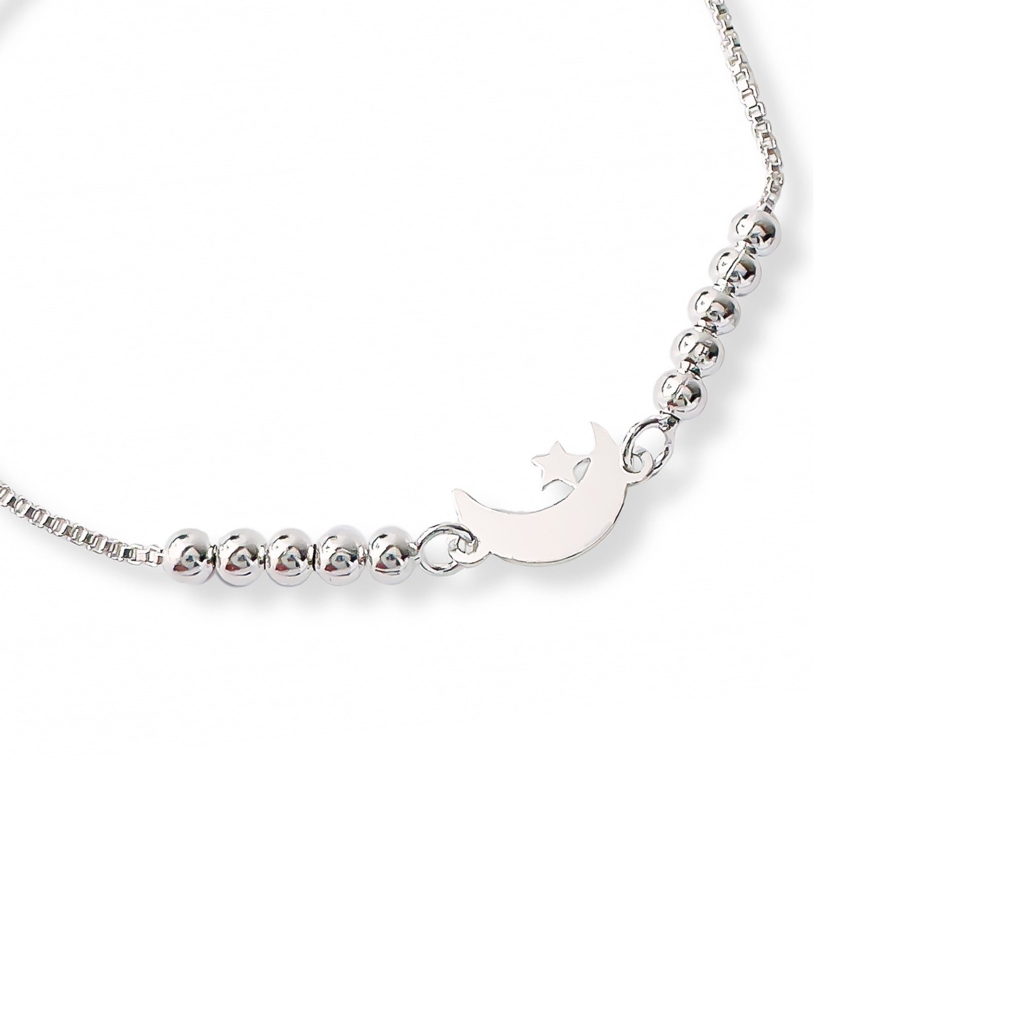 pulsera lunita y estrella con sistema regulable al detalle elaborada en plata 925 de AMBAR Joyería Fina
