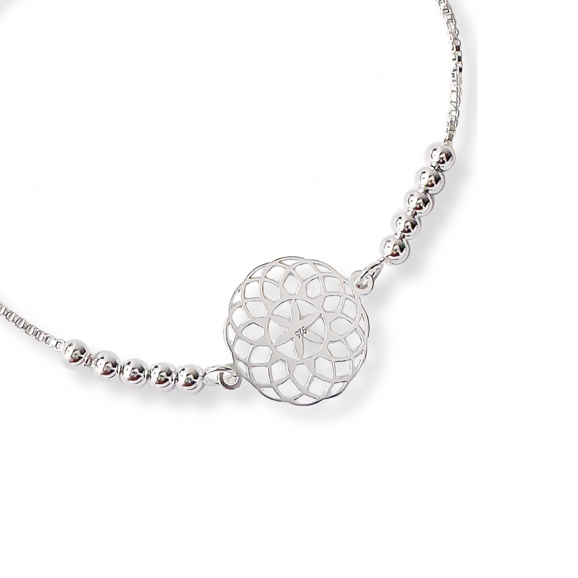 pulsera mandala florecer al detalle con sistema regulable elaborada en plata 925 de AMBAR Joyería Fina