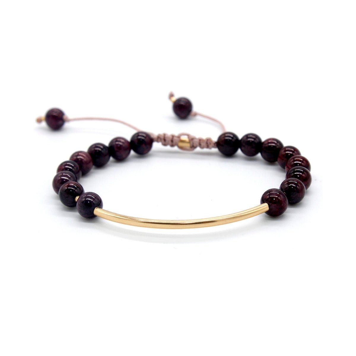 Pulsera Oriana elaborada con piedras naturales rodonitas y gold filled 14k de ambar joyería.
