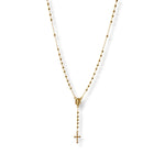 Collar tipo rosario de plata de ley 925 enchapada en oro 18k con pequeñas esferas, medalla central y dije de cruz colgante.