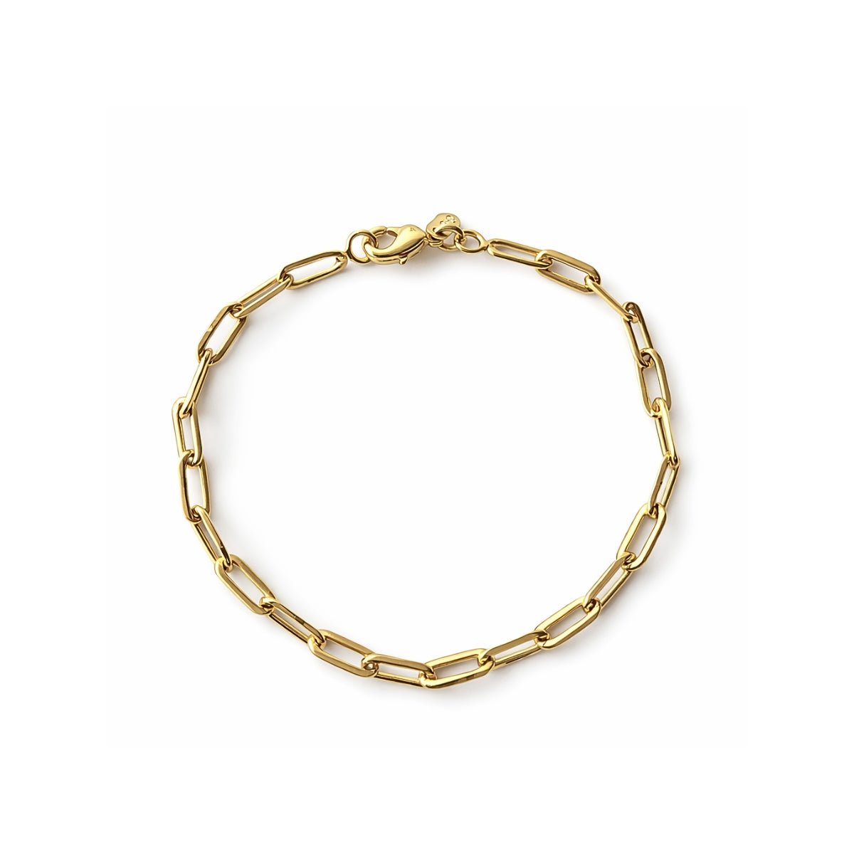 Pulsera de cadena tipo clip plana fabricada en oro laminado de alta calidad sobre fondo blanco.