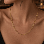 Modelo luciendo el collar de cadena clip plano de plata enchapada en oro 18k, resaltando un estilo sofisticado y moderno.