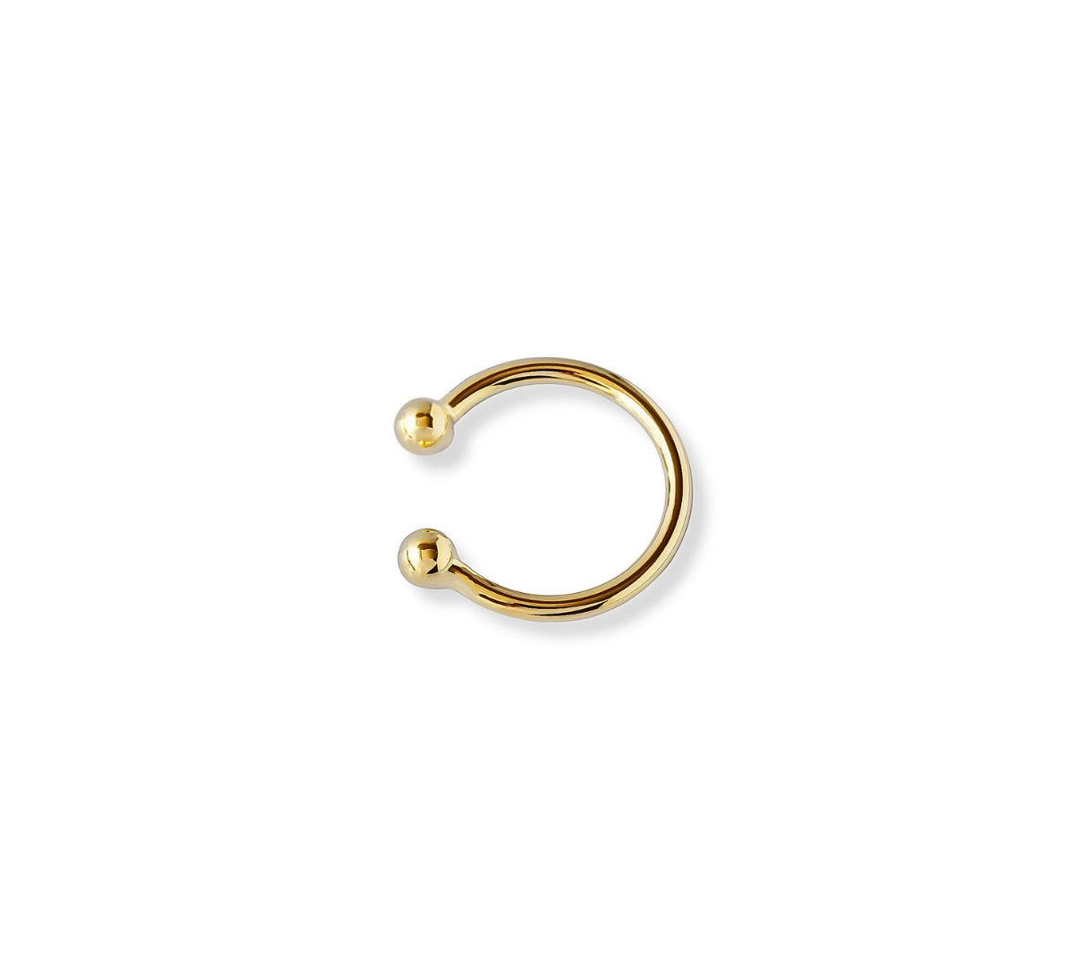 Ear cuff de oro laminado, diseño minimalista de doble bolita/esfera lisa en los extremos, accesorio sin perforación.