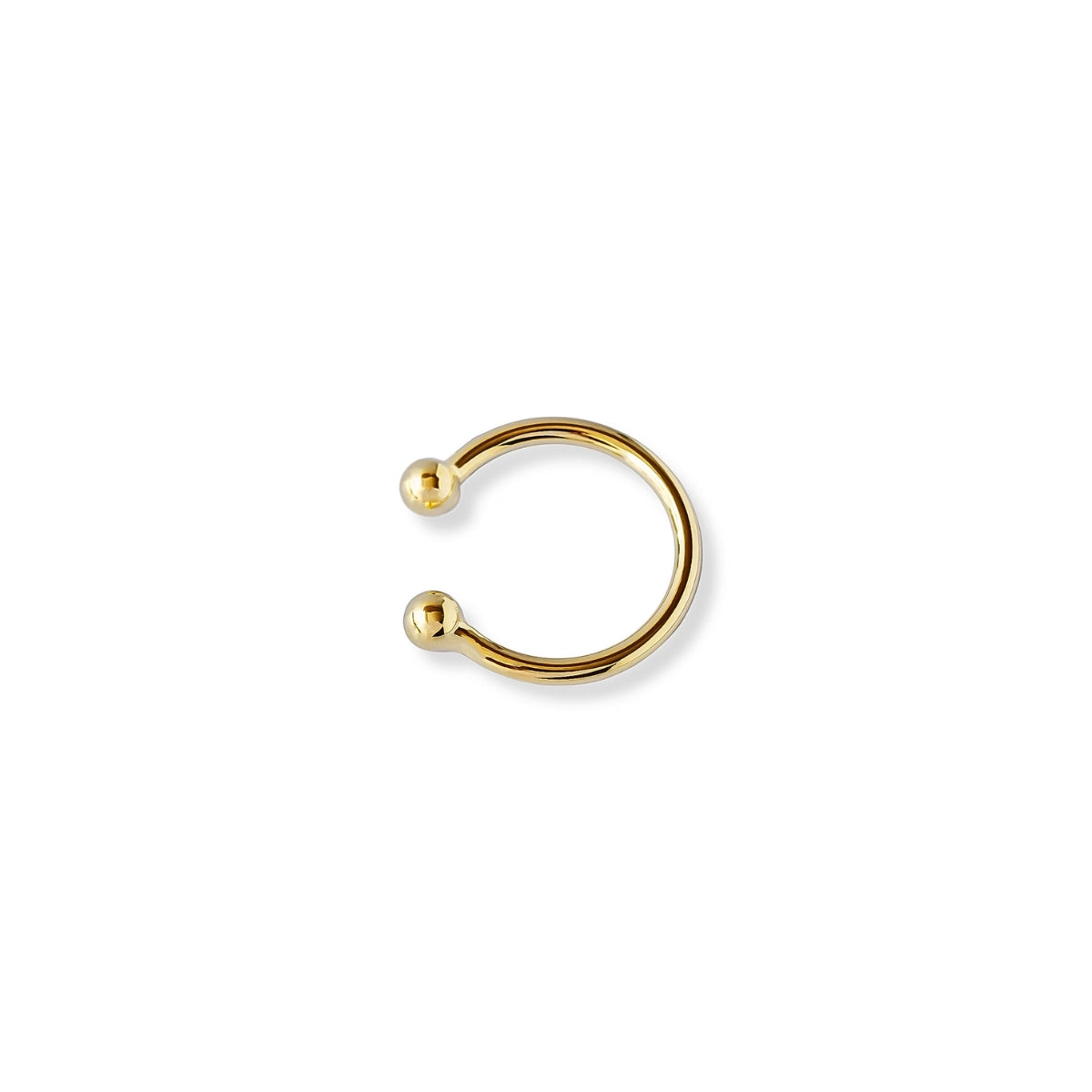 Ear cuff de oro laminado, diseño minimalista de doble bolita/esfera lisa en los extremos, accesorio sin perforación.