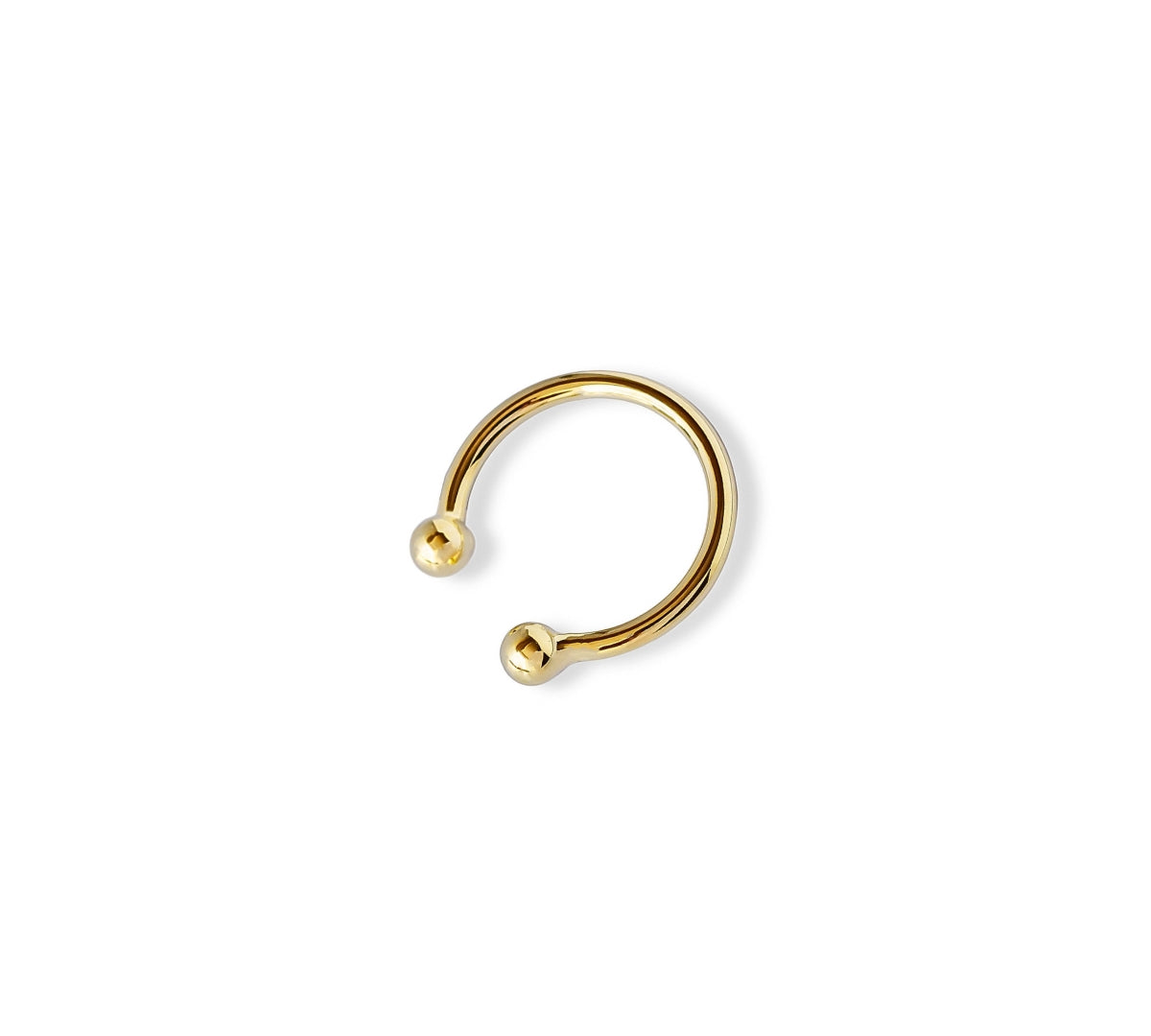 Ear cuff de oro laminado, diseño minimalista de doble bolita/esfera lisa en los extremos, accesorio sin perforación.
