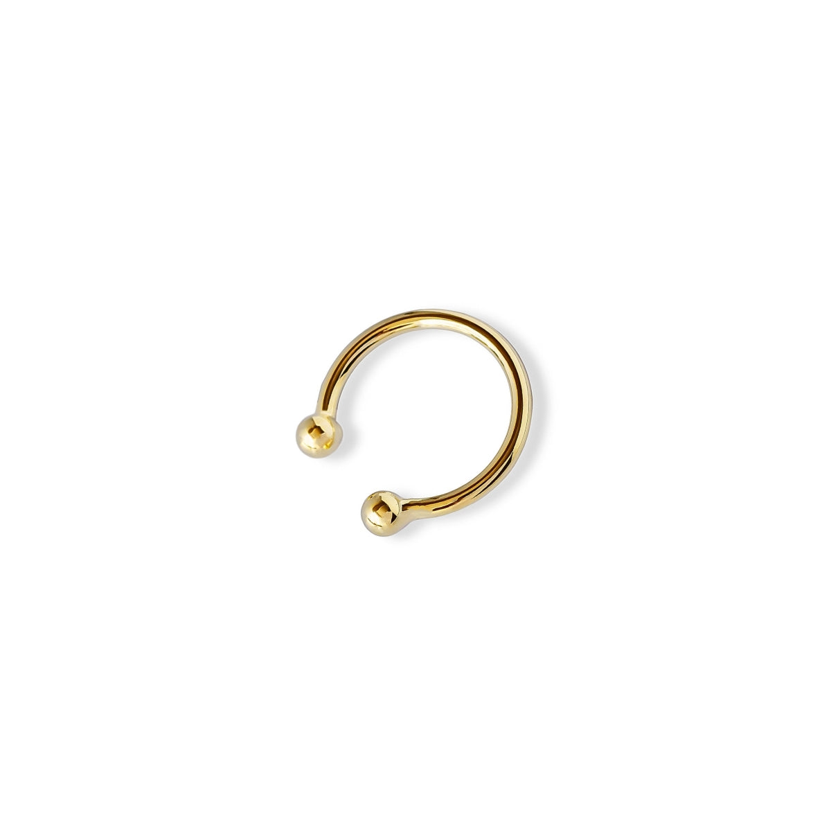 Ear cuff de oro laminado, diseño minimalista de doble bolita/esfera lisa en los extremos, accesorio sin perforación.