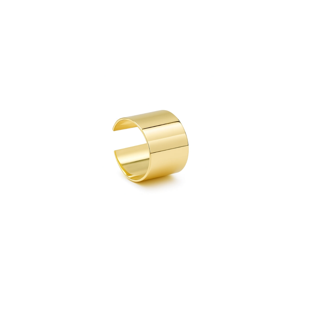 Ear Cuff ancho (chunky) de oro laminado, diseño de cinta lisa, sin perforación, vista de perfil.