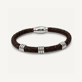Pulsera Atlas de cuero trenzado marrón chocolate de 6 mm con broche magnético y detalles en acero inoxidable.