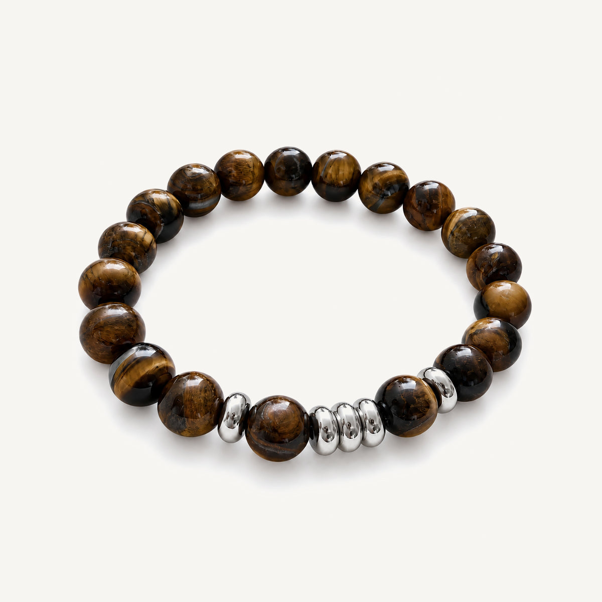 Pulsera Element Grand para hombre con piedra natural Ojo de Tigre de 10 mm y accesorios de acero inoxidable de joyería.