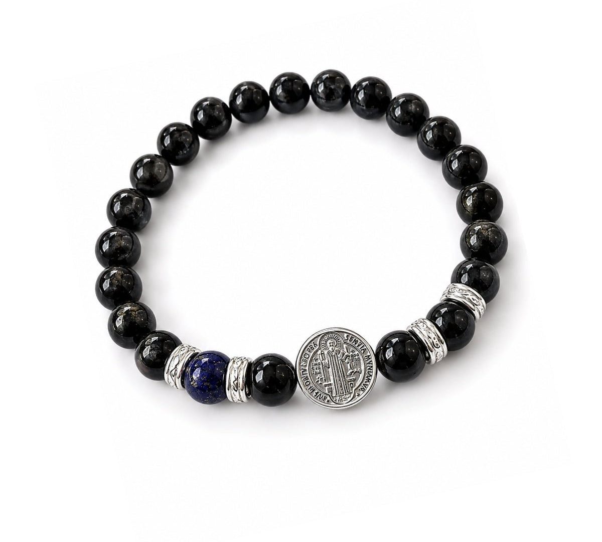 Pulsera elástica para hombre con esferas de piedra natural turmalina negra de 8 mm, hilo de silicona y medalla de San Benito en plata 925.