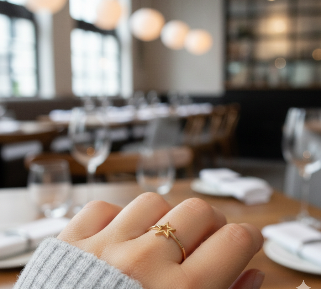 Anillo de oro 18k con silueta de estrella calada, estilo de joyería contemporánea y minimalista.