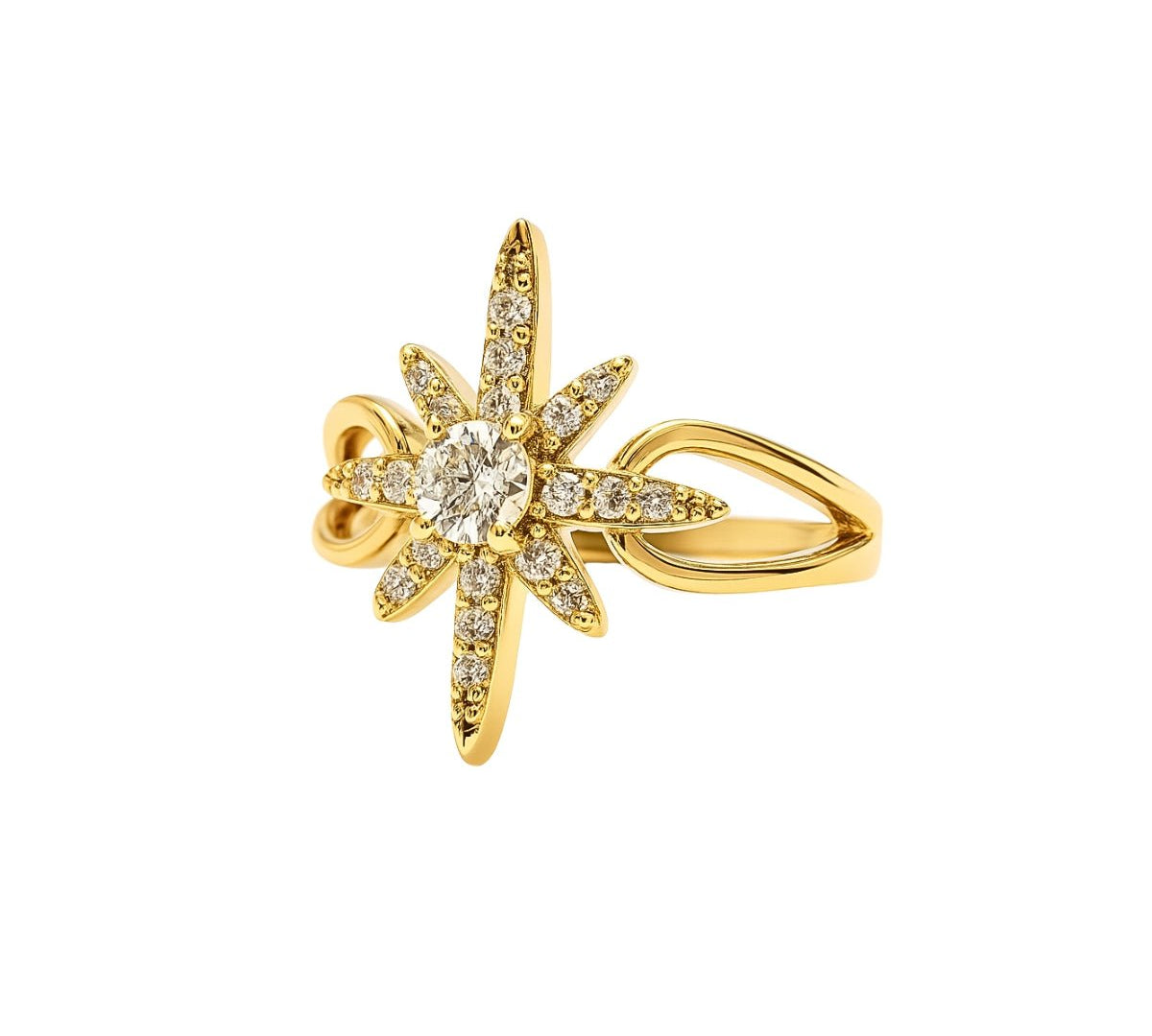 anillo estrella polar con cristales de lado elaborado  en oro laminado de AMBAR Joyería