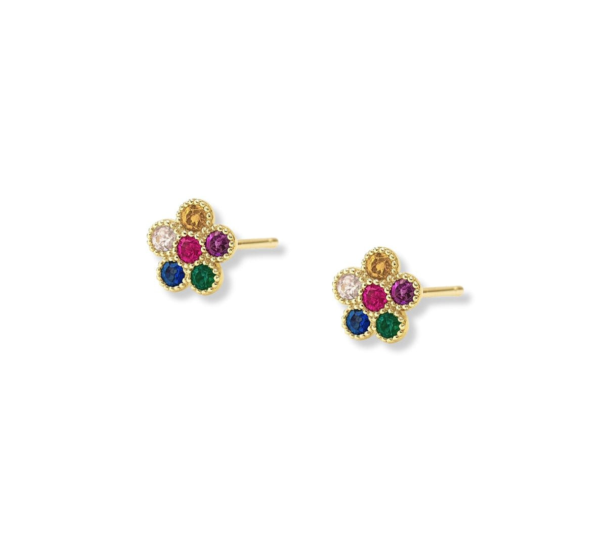 arete roseta florecita rainbow de lado elaborado en oro laminado de AMBAR Joyería