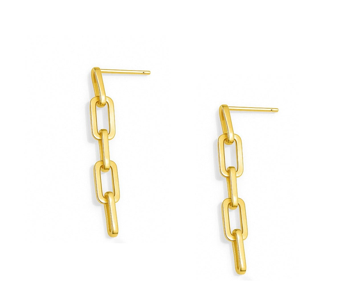 Aretes colgantes de eslabones de cadena y broquel, vistos de perfil, en oro laminado de AMBAR Joyería