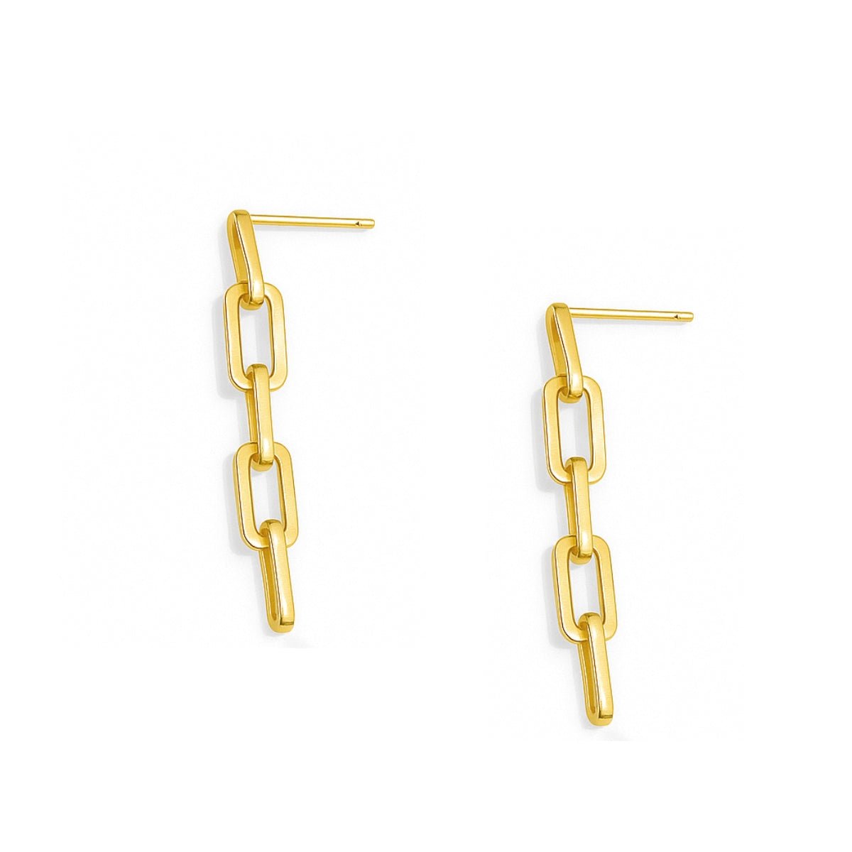 Aretes colgantes de eslabones de cadena y broquel, vistos de perfil, en oro laminado de AMBAR Joyería