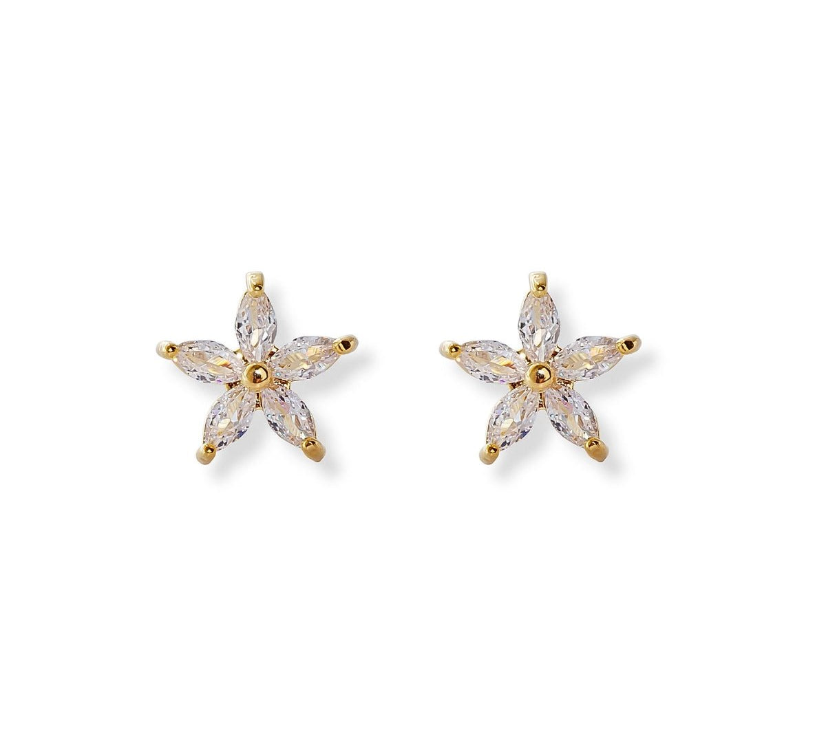 arete flor de 5 petalos con cristal elaborado en oro laminado de AMBAR joyería