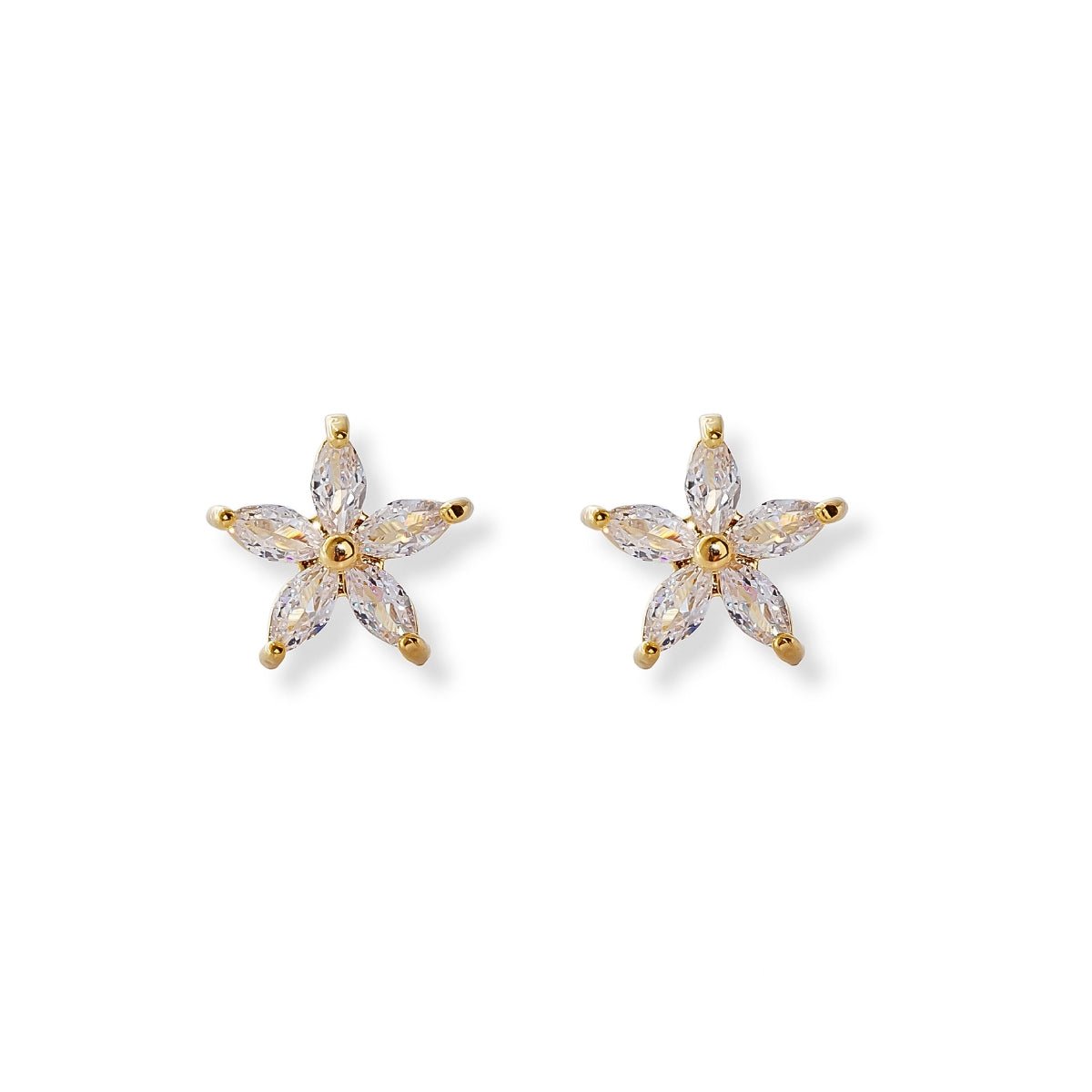aretes de oro laminado flor de 5 petalos con cristal de AMBAR joyería