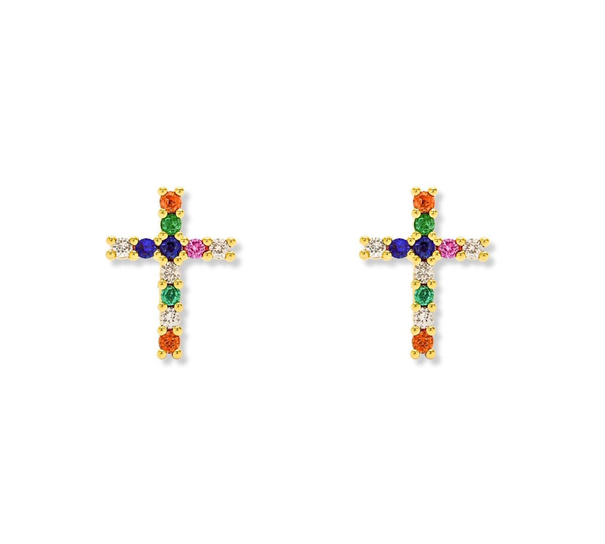 aretes cruz colorido de cristales elaborados en oro laminado de AMBAR joyería