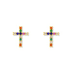 aretes cruz colorido de cristales elaborados en oro laminado de AMBAR joyería