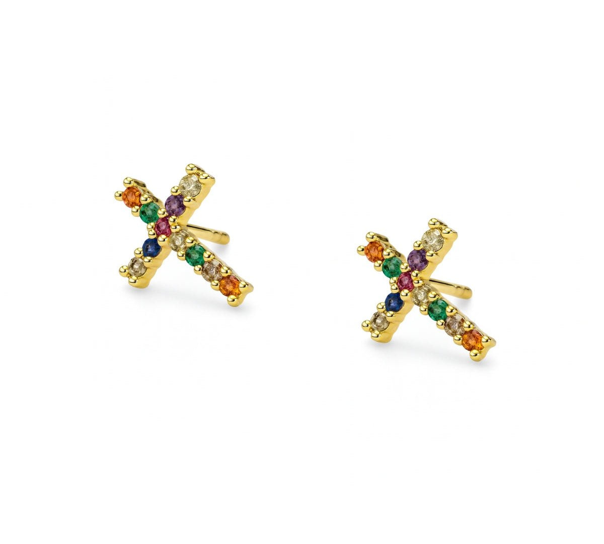 aretes cruz colorido con cristales de perfil elaborados en oro laminado de AMBAR joyería