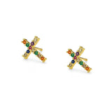 aretes cruz colorido con cristales de perfil elaborados en oro laminado de AMBAR joyería