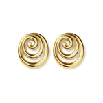 Aretes ovalados en oro laminado con diseño espiral y brillo tipo oro, estilo elegante.