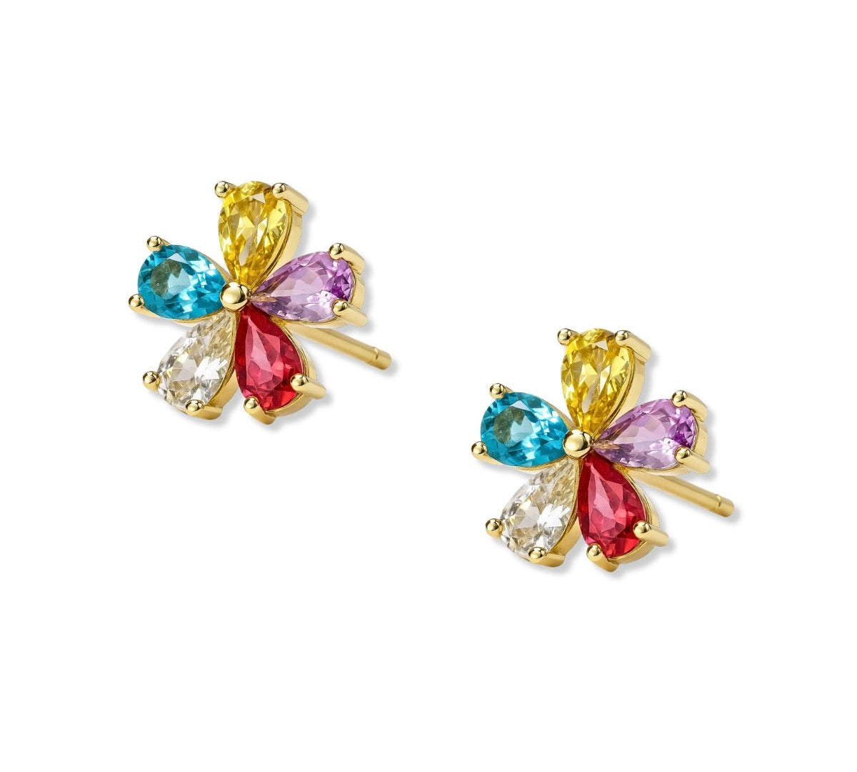Aretes flor arco iris tamaño 1.4 cm de perfil con circones de colores de AMBAR joyería