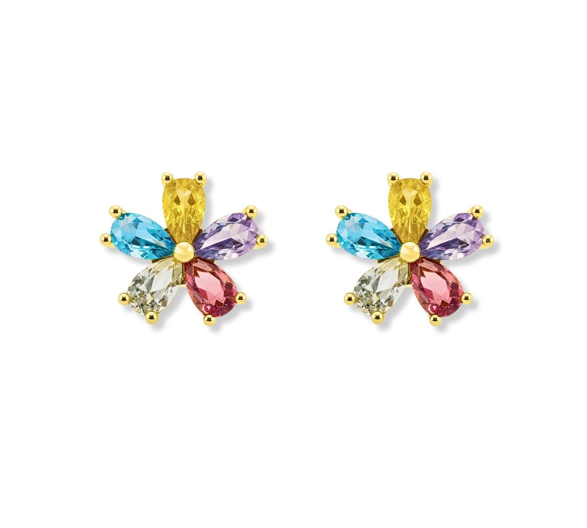 Aretes flor arco iris tamaño 1.1 cm con circones de colores de AMBAR joyería