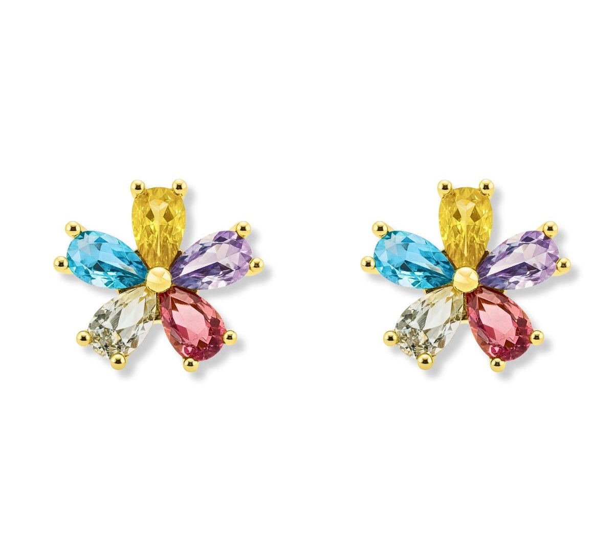 Aretes flor arco iris tamaño 1.4 cm con circones de colores de AMBAR joyería