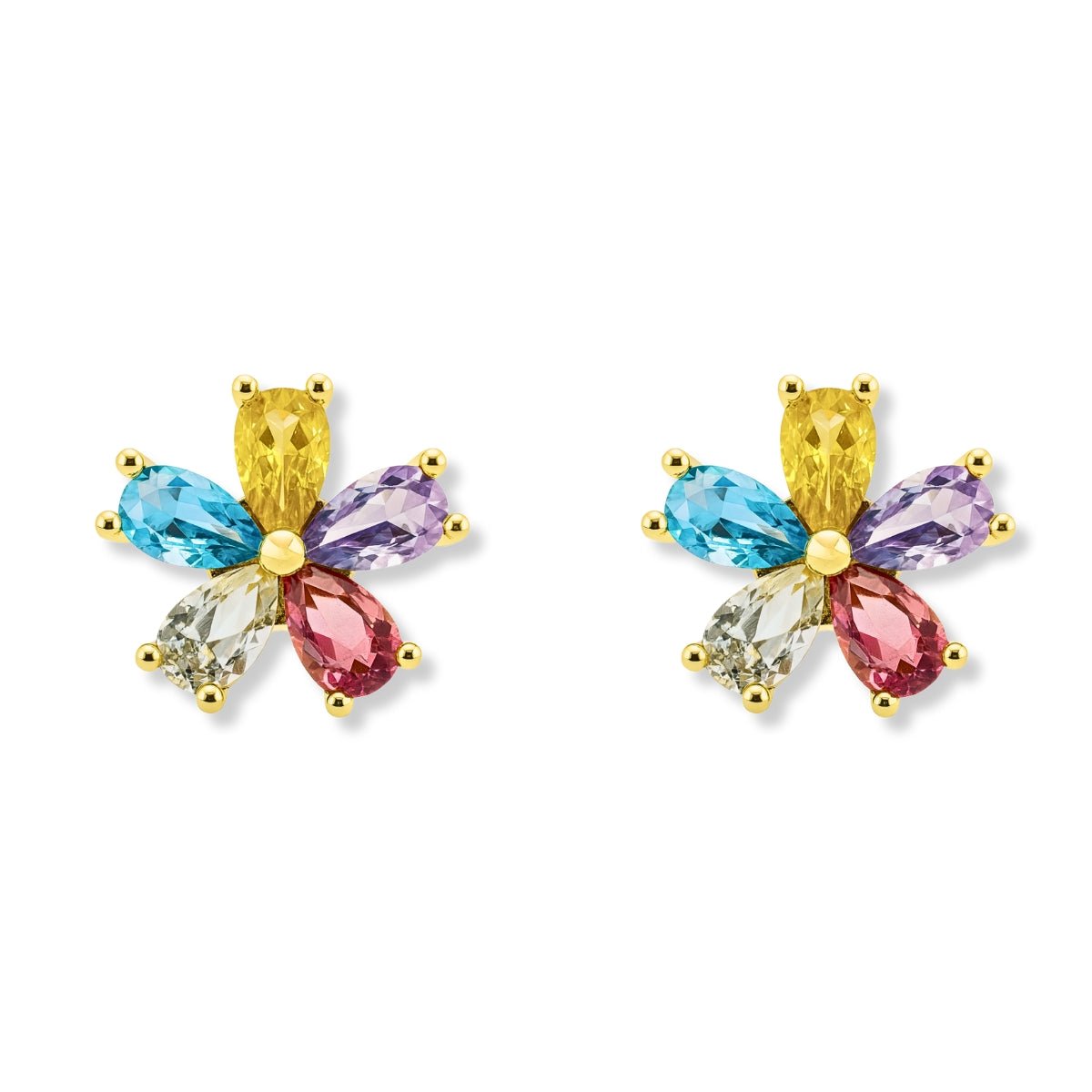Aretes de oro laminado flor arco iris tamaño 1.4 cm con circones de colores de AMBAR joyería