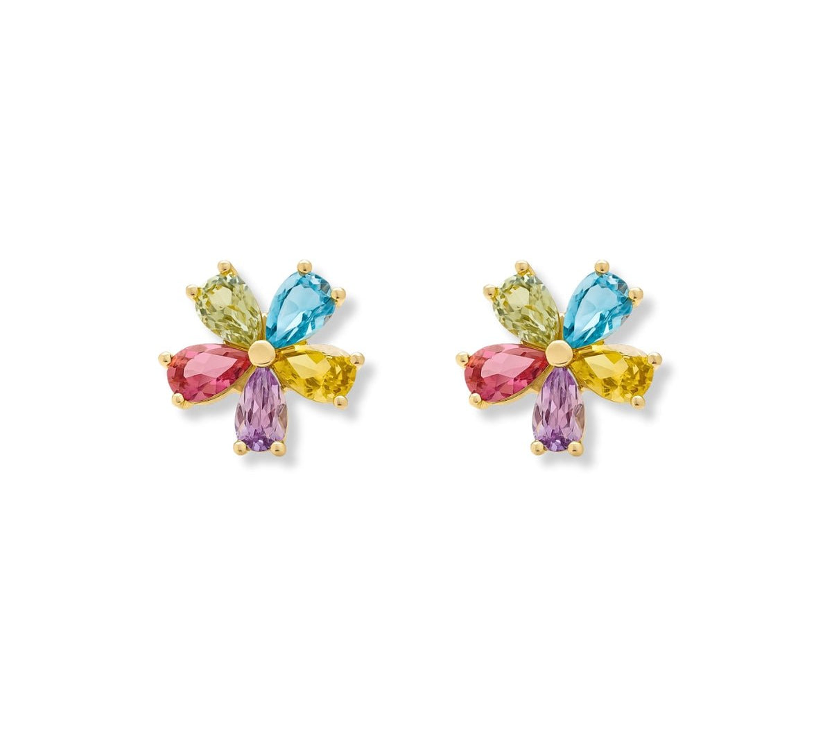 arete flor de colores con cristales de frente elaborado en oro laminado de AMBAR joyería