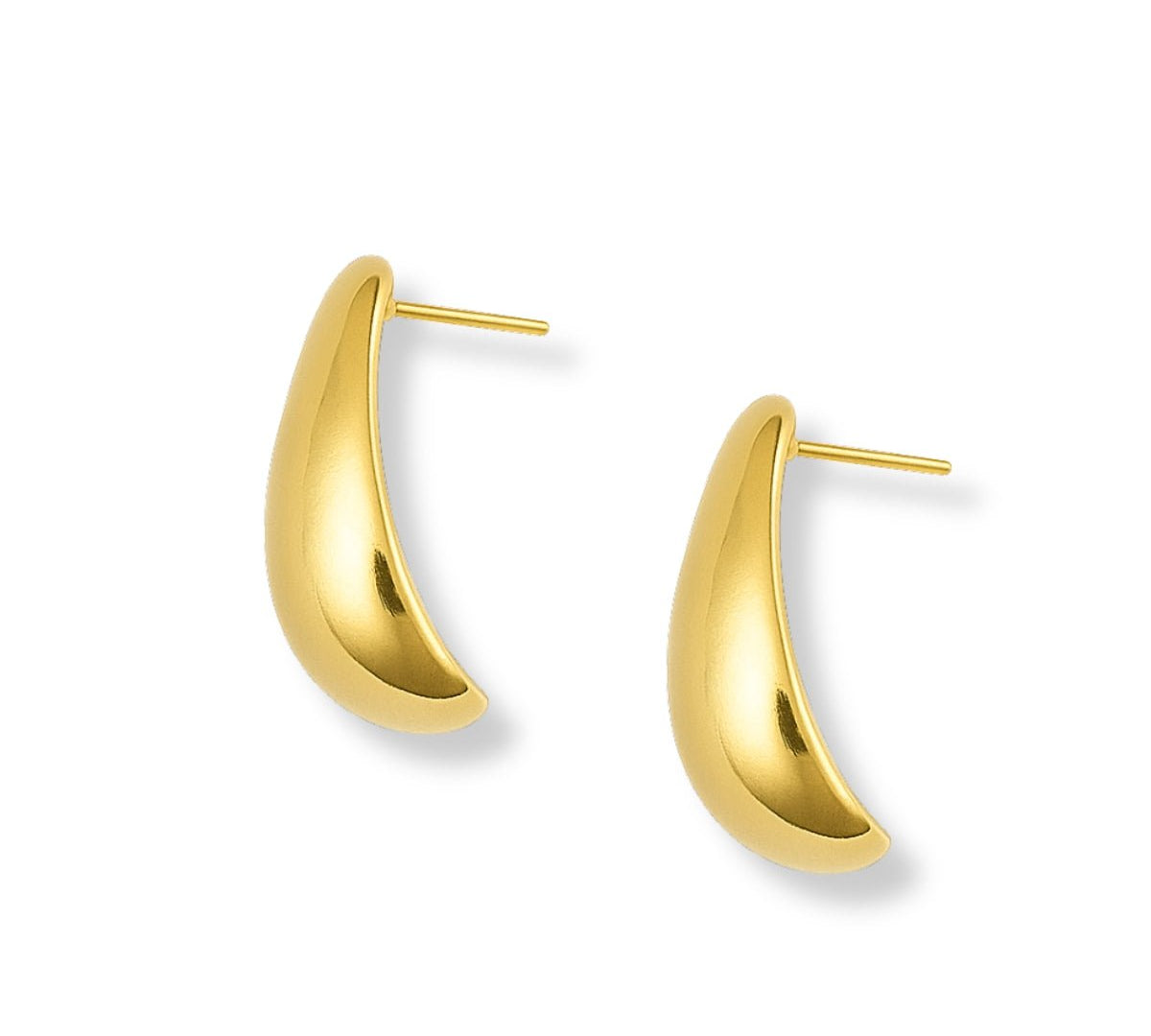 Aretes de gota curva, tipo chunky/bold, lisos de oro laminado, vista de perfil de Ambar Joyeria