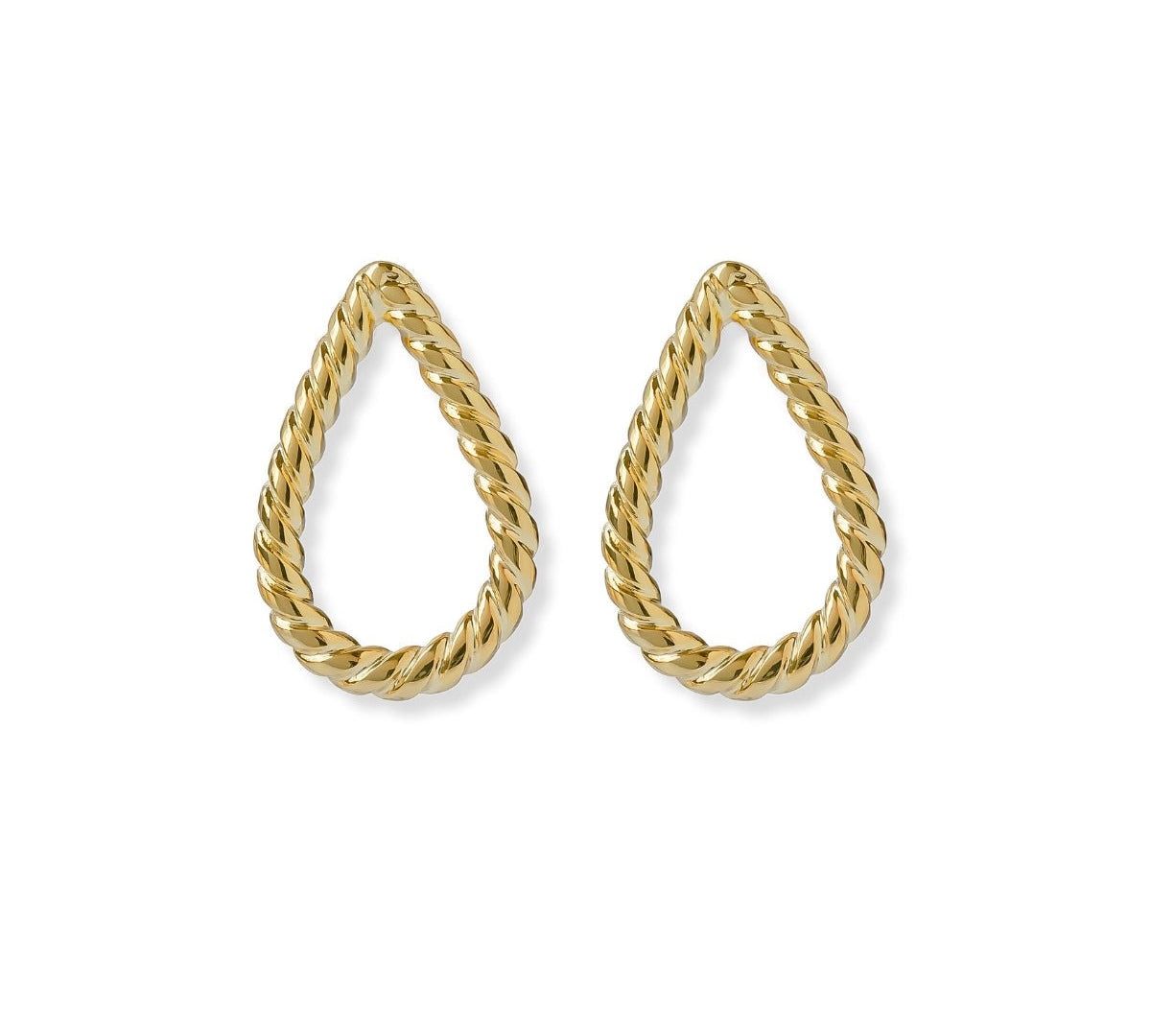 Aretes Julieta Trenzados en oro laminado con diseño calado en forma de gota y textura trenzada de AMBAR Joyería Fina.