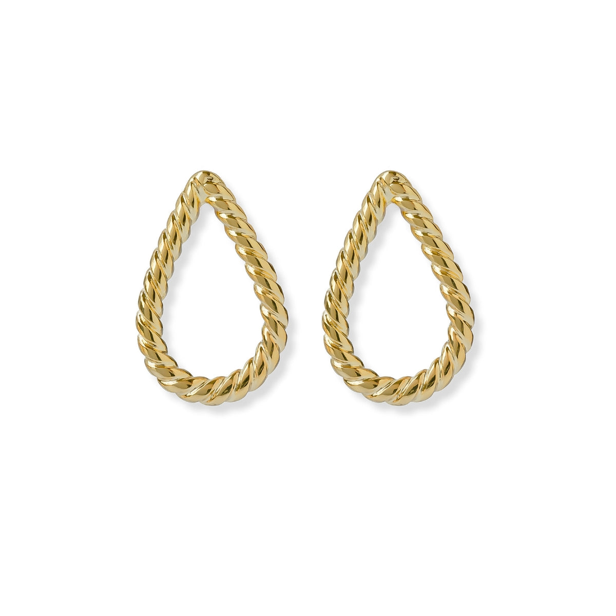 Aretes Julieta Trenzados en oro laminado con diseño calado en forma de gota y textura trenzada de AMBAR Joyería Fina.