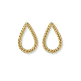 Aretes Julieta Trenzados en oro laminado con diseño calado en forma de gota y textura trenzada de AMBAR Joyería Fina.